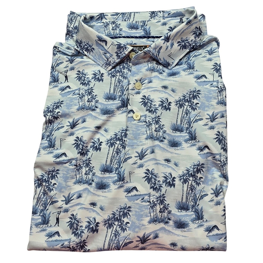 Cremieux Performance Polo Shirt Mens Large Blue Excellent Golf Palm Tree Print